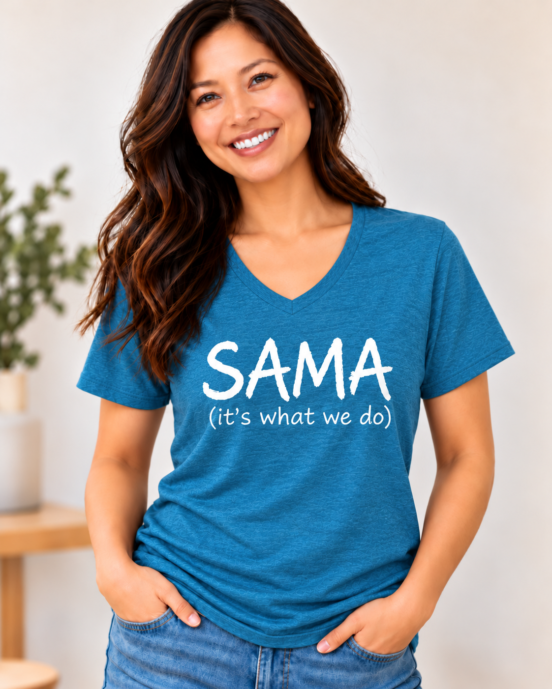 SAMA "It's What We Do" V-Neck T-Shirt – Heather Blue - Image 3